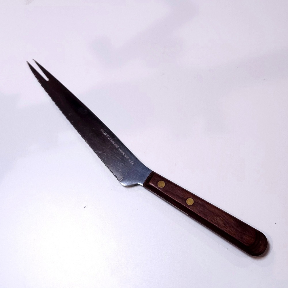 Vintage EKCO Stainless Vanadium Serrated 12" Knife Wood Handle Fork Tip MCM USA